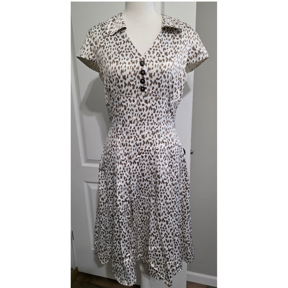 Isabella DeMarco Women Sz‎ 6 Animal Print Fit & Flare Satiny Dress White & Brown